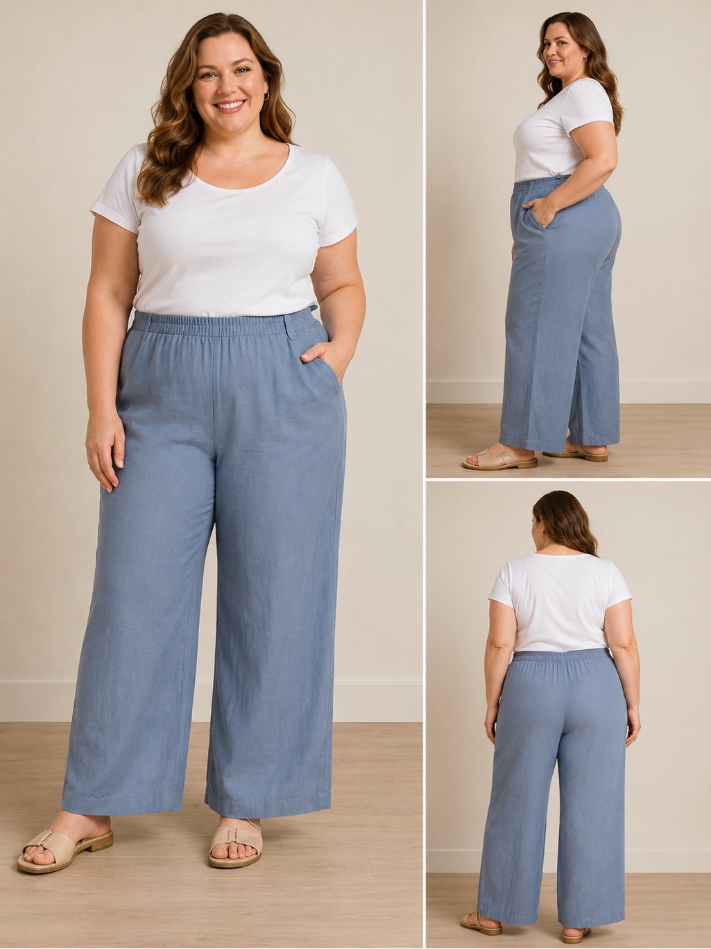 Carole Little Woman Blue Linen Pants Size 16w Wide Leg High Rise Elastic Waist
